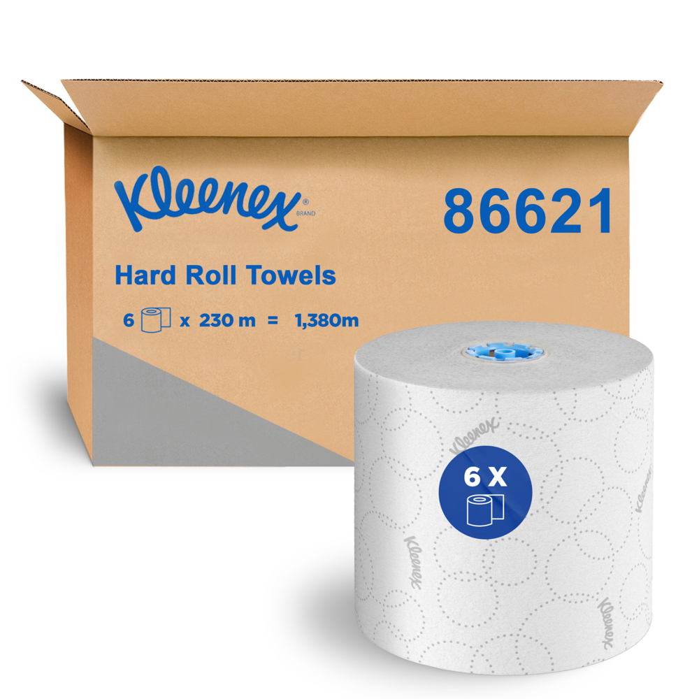 KLEENEX® Hard Roll Towel with elevated design (86621), White Paper Towel Roll, 6 Rolls / Case, 230 Metres / Roll (1380m Total) - S059331785