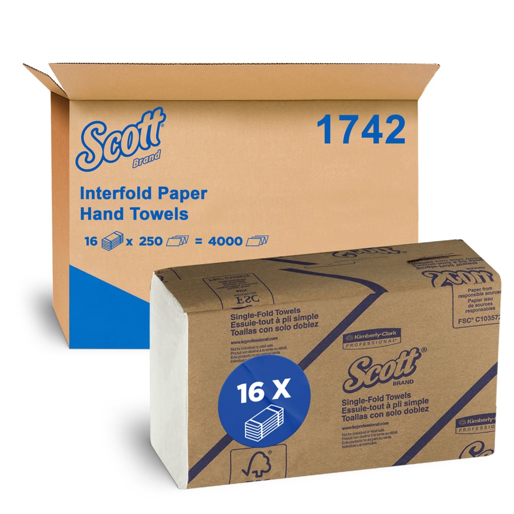 SCOTT® Interfold Paper Towels (1742), Folded Hand Towels, White, 16 Packs / Case, 250 Hand Towels / Pack (4000 Hand Towels) - 991001742