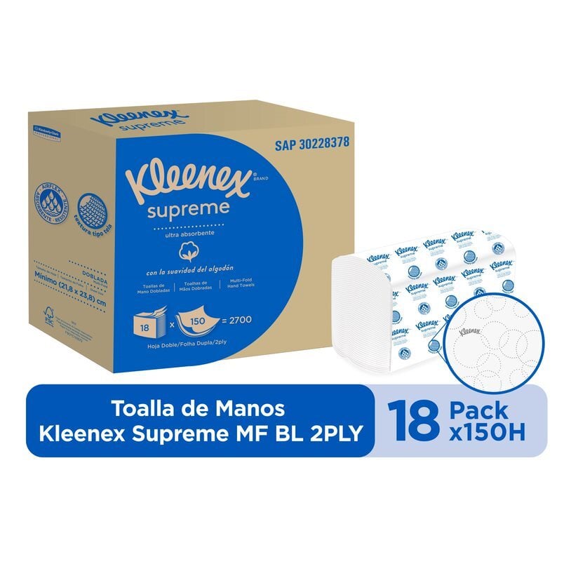 Kleenex® Supreme Toalla de Manos Doblada Blanca 30228378 - 150 toallas/Paq,  18 Paq/Caja (2700 Total)