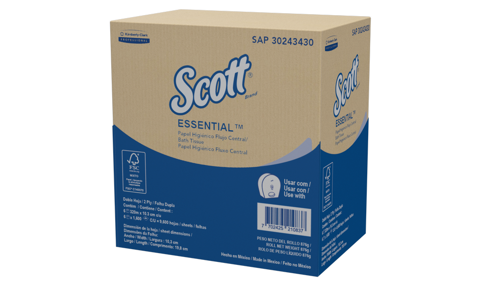 Scott® Essential Papel Higiénico De Flujo Central 30243430 - Hoja Doble - 320m/Rollo, 6 Rollos/Caja (1920m)​ - S061682427