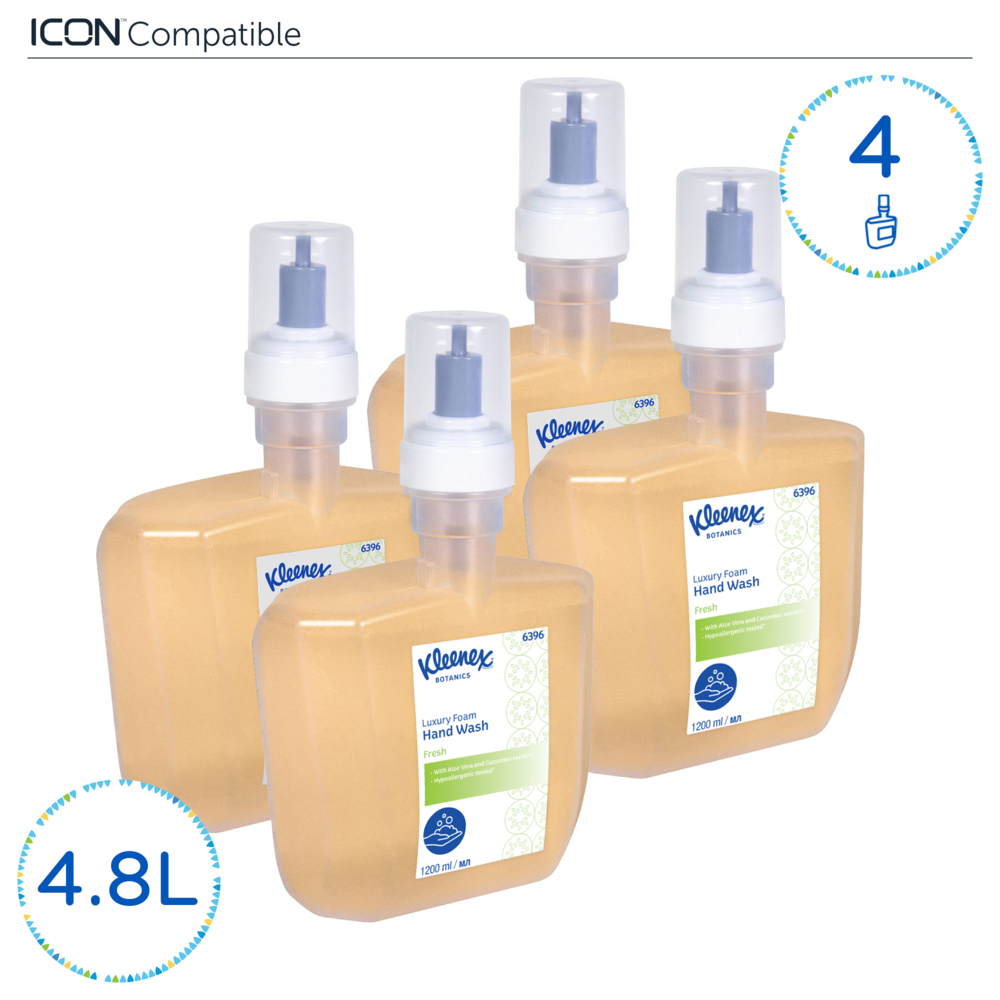 Savon mousse pour les mains Kleenex® Botanics™ Fresh 6396 - savon mousse parfumé pour les mains - 4 recharges x 1,2 litre de savon mousse transparent pour les mains (4,8 litres au total) - 6396