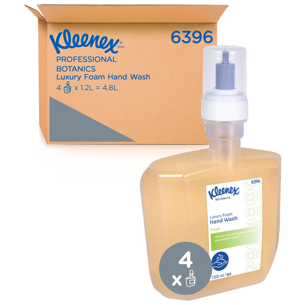 Kleenex® Botanics™ Fresh Luxury Foam Hand Wash 6396 - Scented Foaming Hand Cleanser - 4 x 1.2 Litre Clear Hand Wash Refills (4.8 Litre Total) - 6396
