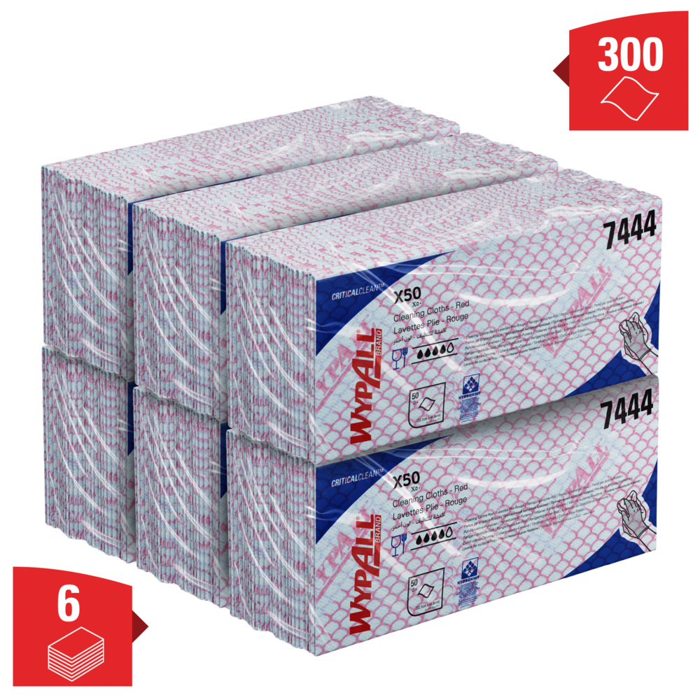 Chiffons de nettoyage à code couleur WypAll® X50 7444 - Chiffons de nettoyage rouges - 6 paquets x 50 chiffons enchevêtrés à code couleur (300 au total) - 7444