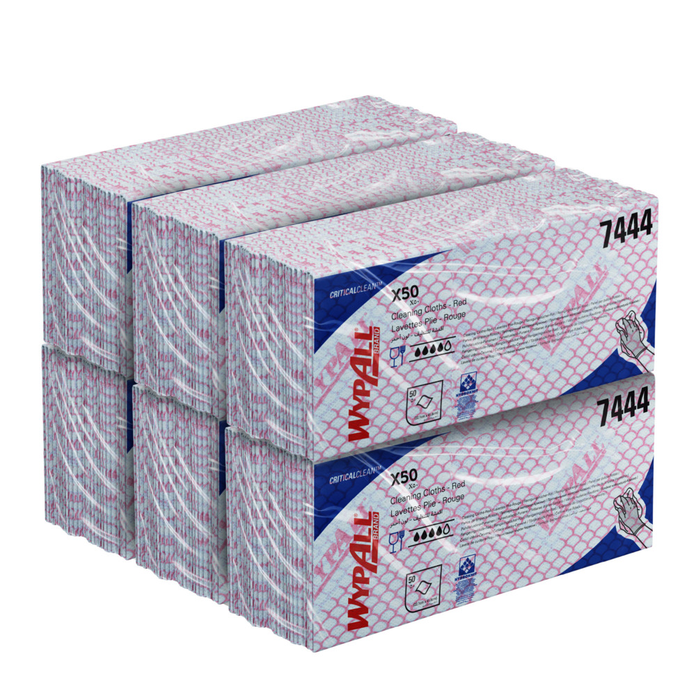 Panni per la pulizia con codice colore WypAll® X50 7444 - Panni per la pulizia rossi - 6 confezioni x 50 panni con codice colore intercalati (totale 300) - 7444