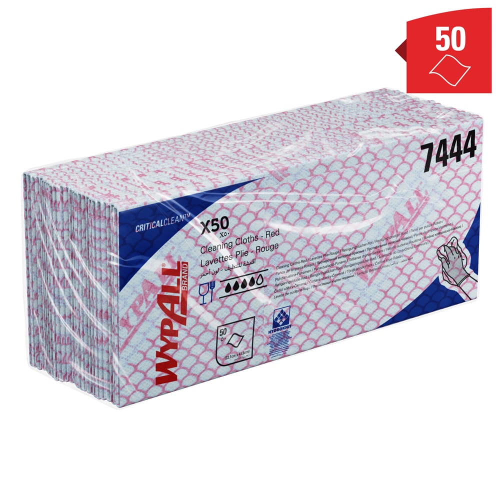 Chiffons de nettoyage à code couleur WypAll® X50 7444 - Chiffons de nettoyage rouges - 6 paquets x 50 chiffons enchevêtrés à code couleur (300 au total) - 7444