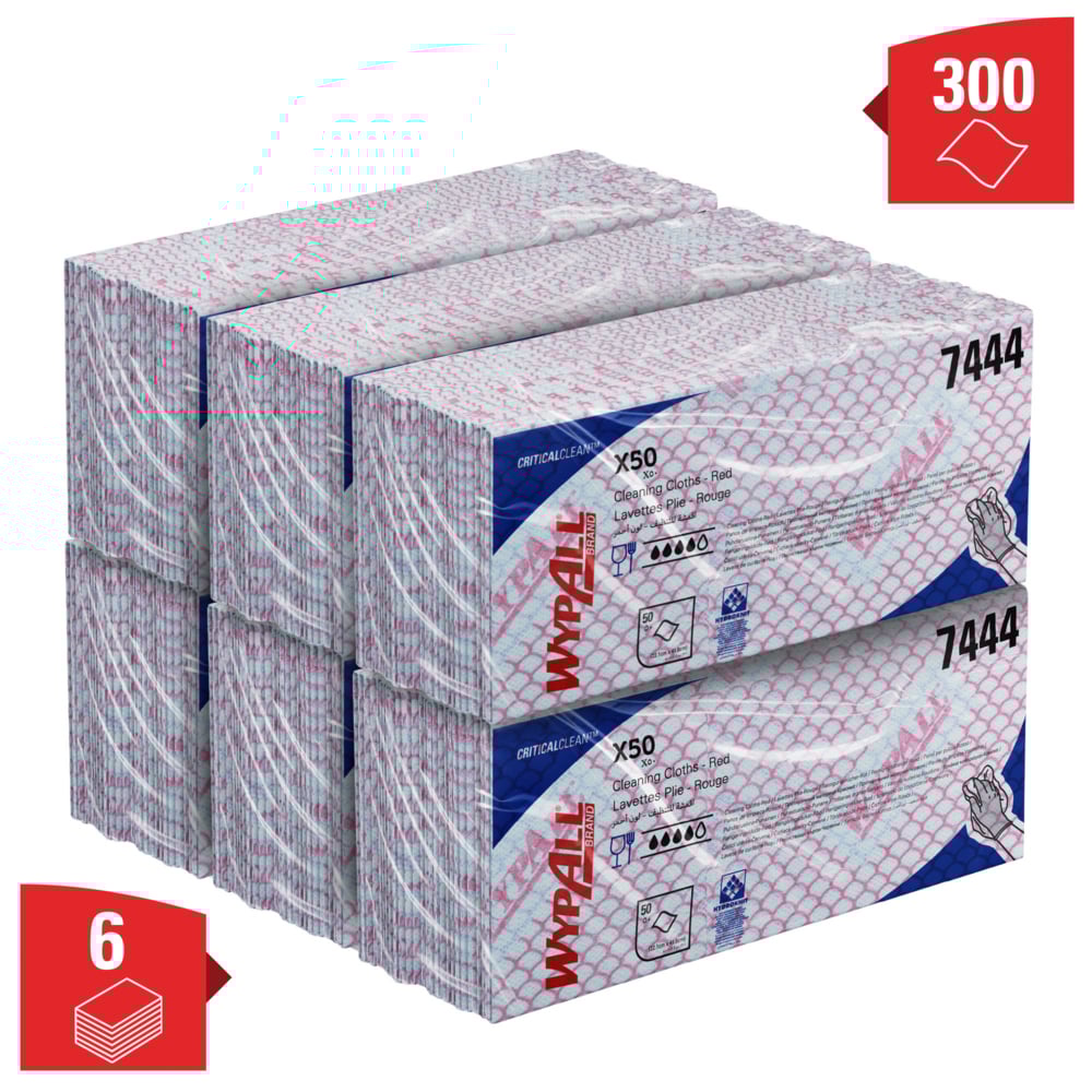 Chiffons de nettoyage à code couleur WypAll® X50 7444 - Chiffons de nettoyage rouges - 6 paquets x 50 chiffons enchevêtrés à code couleur (300 au total) - 7444