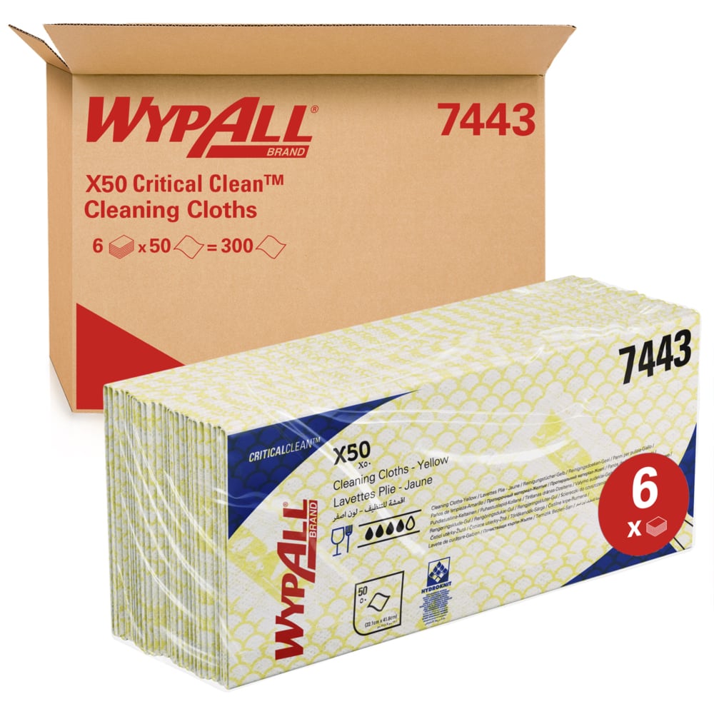 WypAll® X50 Critical Clean™ Colour Coded Cleaning Cloths 7443 - Yellow Wiping Cloths - 6 Packs x 50 Interfolded Colour Coded Cloths (300 total) - 7443