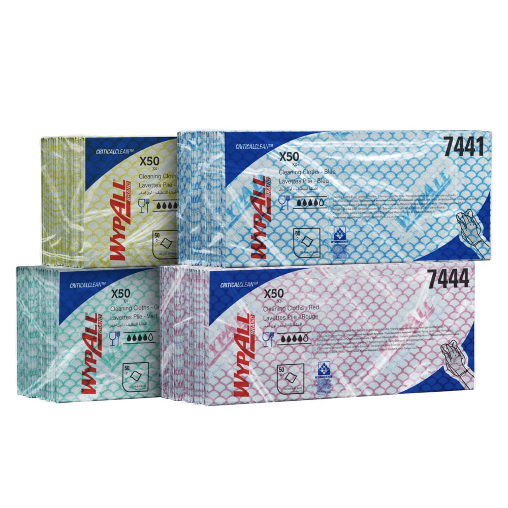 WypAll® X50 Critical Clean™ Colour Coded Cleaning Cloths 7443 - Yellow Wiping Cloths - 6 Packs x 50 Interfolded Colour Coded Cloths (300 total) - 7443