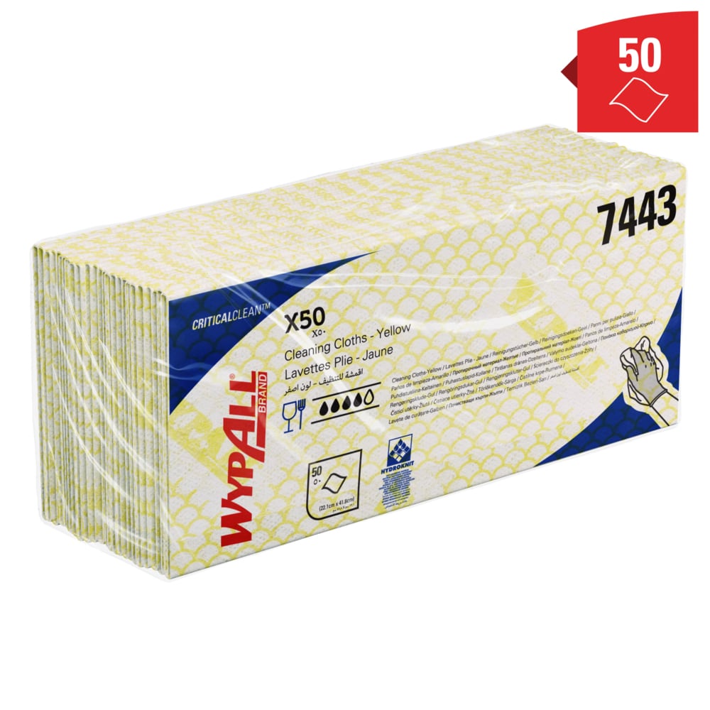 Протирочные материалы WypAll® X50 с цветовой кодировкой, код 7443, желтые, 6 упаковок x 50 салфеток со сложением Interfold (всего 300 шт.) - 7443