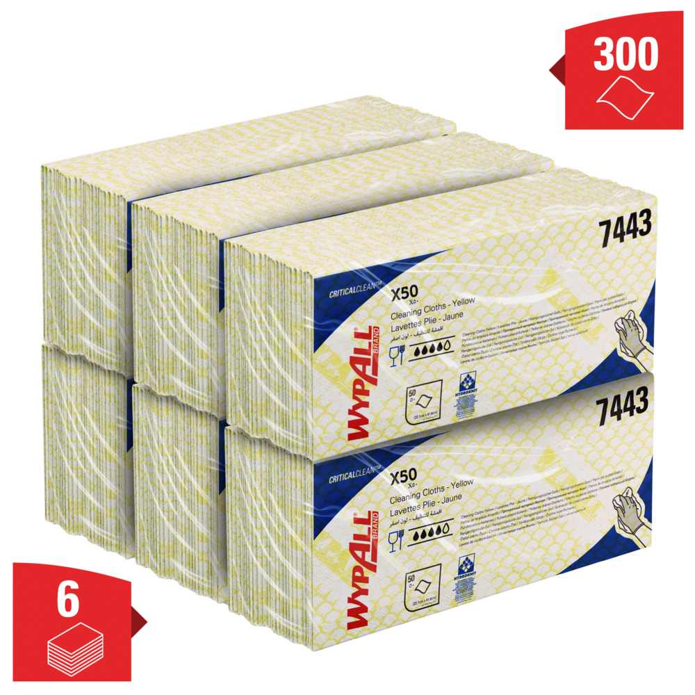 Протирочные материалы WypAll® X50 с цветовой кодировкой, код 7443, желтые, 6 упаковок x 50 салфеток со сложением Interfold (всего 300 шт.) - 7443