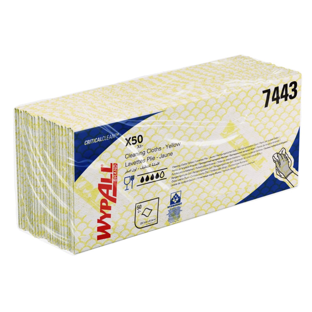 WypAll® X50 Critical Clean™ Colour Coded Cleaning Cloths 7443 - Yellow Wiping Cloths - 6 Packs x 50 Interfolded Colour Coded Cloths (300 total) - 7443