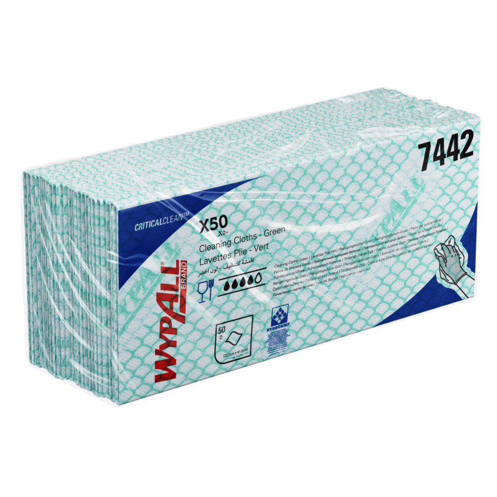 Протирочные материалы WypAll® X50 Critical Clean™ с цветовой кодировкой, код 7442, зеленые салфетки, 6 упаковок x 50 протирочных материалов со сложением Interfold (итого 300 шт.) - 7442