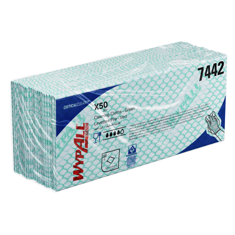 WypAll® X50 Critical Clean™ Colour Coded Cleaning Cloths 7442 - Green Wiping Cloths - 6 Packs x 50 Interfolded Colour Coded Cloths (300 total) - 7442