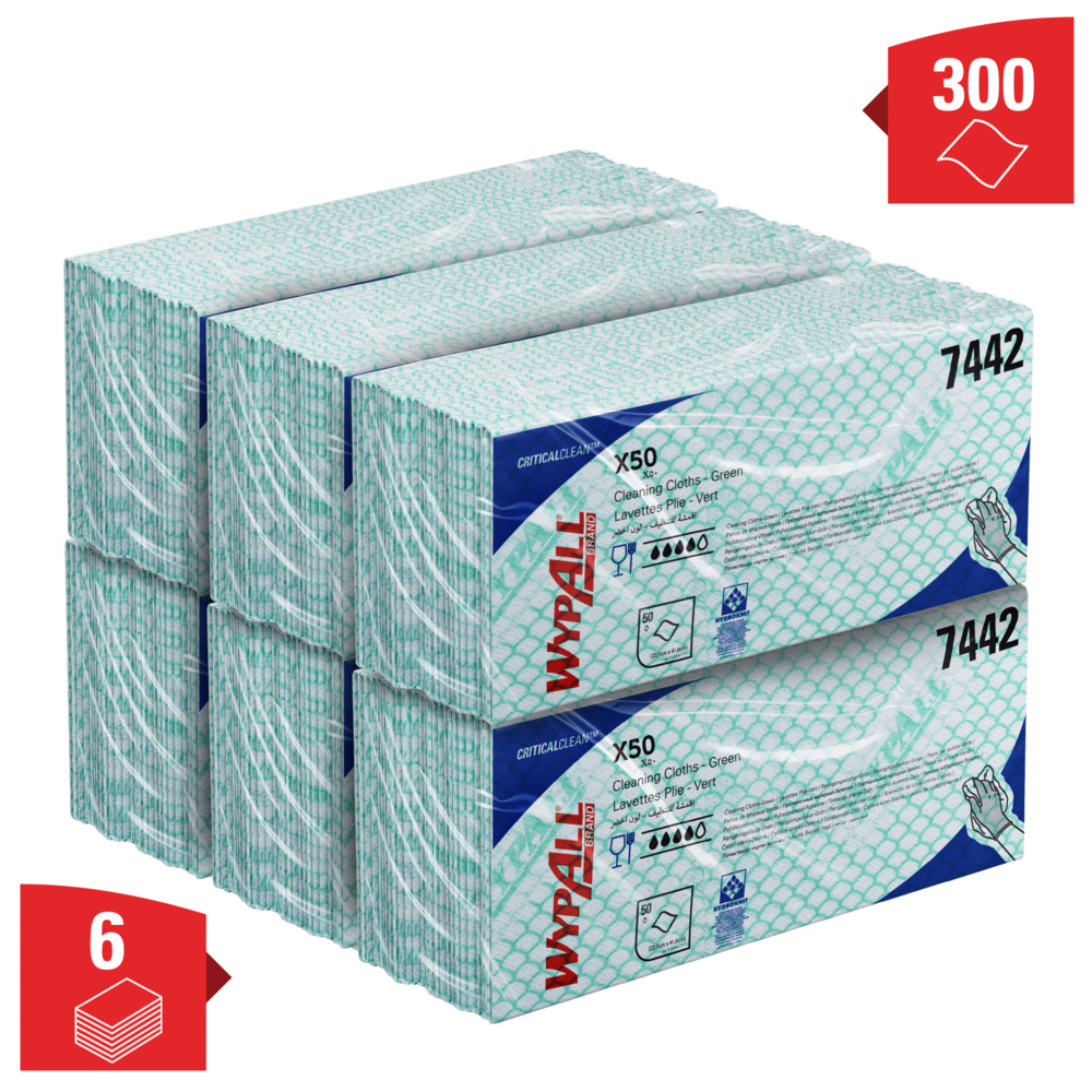 Paños de limpieza con código de color WypAll® X50 Critical Clean™ 7442 - Paños de limpieza verdes - 6 paquetes x 50 paños con código de color interplegados (300 en total) - 7442