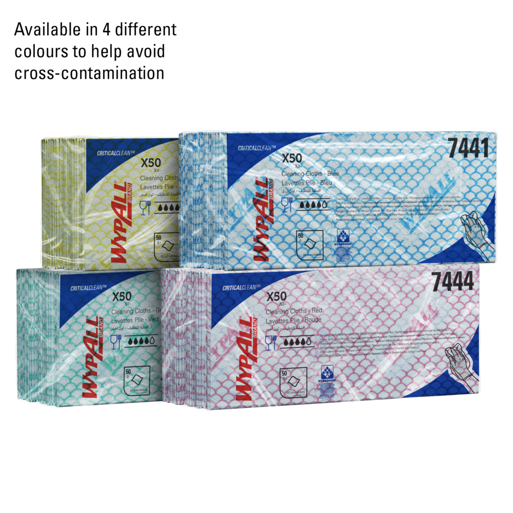 Paños de limpieza con código de color WypAll® X50 Critical Clean™ 7442 - Paños de limpieza verdes - 6 paquetes x 50 paños con código de color interplegados (300 en total) - 7442