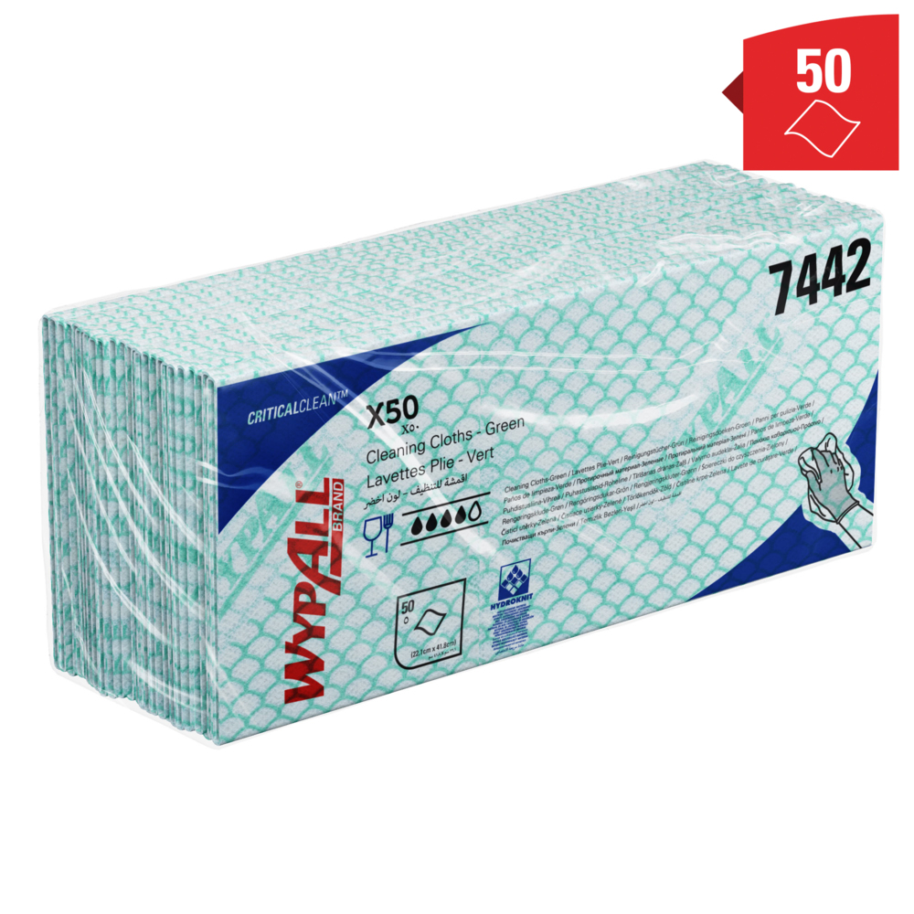Paños de limpieza con código de color WypAll® X50 Critical Clean™ 7442 - Paños de limpieza verdes - 6 paquetes x 50 paños con código de color interplegados (300 en total) - 7442
