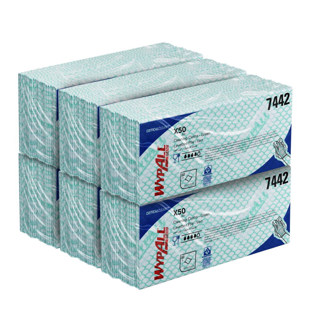 WypAll® X50 Critical Clean™ Colour Coded Cleaning Cloths 7442 - Green Wiping Cloths - 6 Packs x 50 Interfolded Colour Coded Cloths (300 total) - 7442