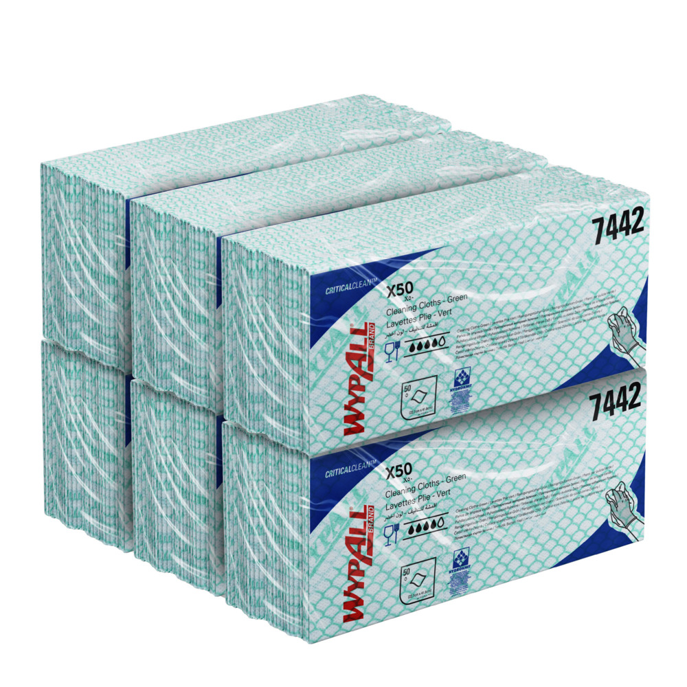 WypAll® X50 Colour Coded Cleaning Cloths 7442 - Green Wiping Cloths - 6 Packs x 50 Interfolded Colour Coded Cloths (300 total) - 7442