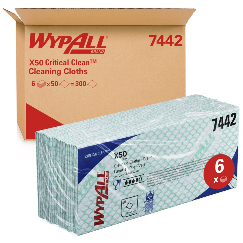 WypAll® X50 Colour Coded Cleaning Cloths 7442 - Green Wiping Cloths - 6 Packs x 50 Interfolded Colour Coded Cloths (300 total) - 7442