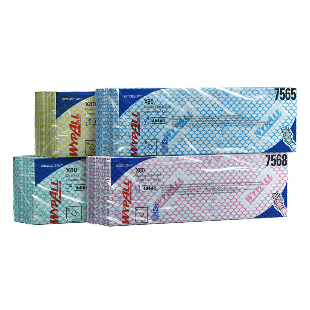 WypAll® X80 Farbcodierte Reinigungstücher 7565 – Blau – 10 Packungen x 25 Wischtücher für hohe Beanspruchung (insges. 250) - 7565