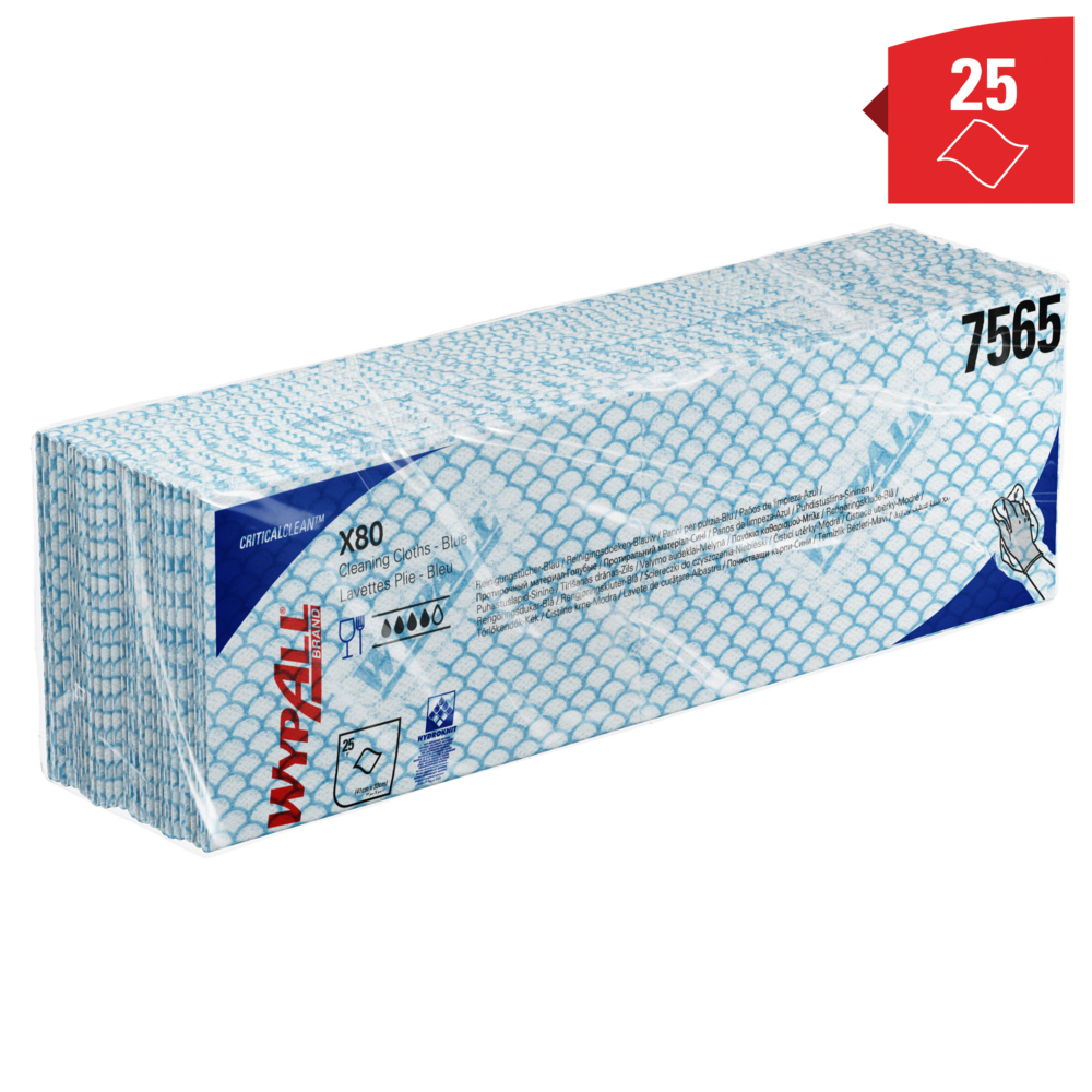 Chiffons de nettoyage à code couleur WypAll® X80 Critical Clean™ 7565 - Chiffons de nettoyage bleus - 10 paquets x 25 chiffons de nettoyage intensif (250 au total) - 7565