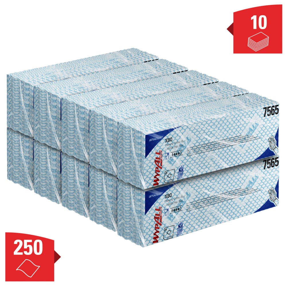 WypAll® X80 Critical Clean™-poetsdoeken met kleurcodes 7565 - blauwe poetsdoeken - 10 verpakkingen x 25 poetsdoeken voor zwaar gebruik (250 in totaal) - 7565