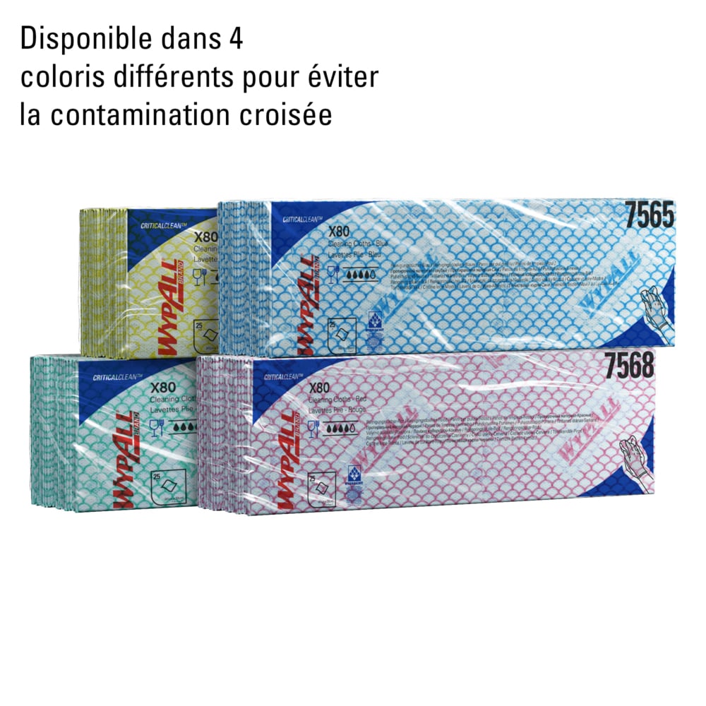 Chiffons de nettoyage à code couleur WypAll® X80 Critical Clean™ 7565 - Chiffons de nettoyage bleus - 10 paquets x 25 chiffons de nettoyage intensif (250 au total) - 7565