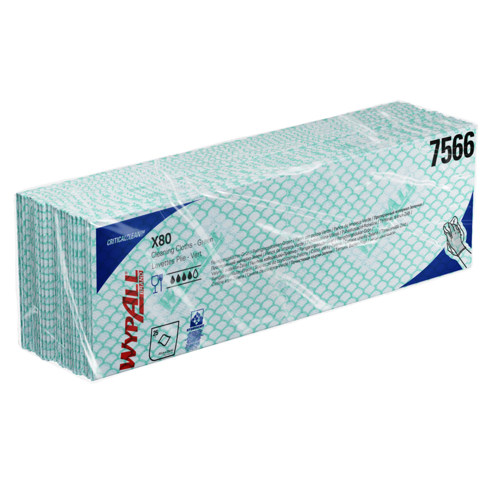 Chiffons de nettoyage à code couleur WypAll® X80 Critical Clean™ 7566 - Chiffons de nettoyage verts - 10 paquets x 25 chiffons de nettoyage intensif (250 au total) - 7566