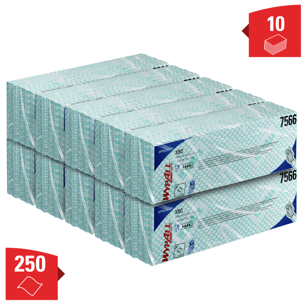 Paños de limpieza con código de color WypAll® X80 Critical Clean™ 7566 - Paños verdes - 10 paquetes x 25 paños de limpieza de alta resistencia (250 en total) - 7566