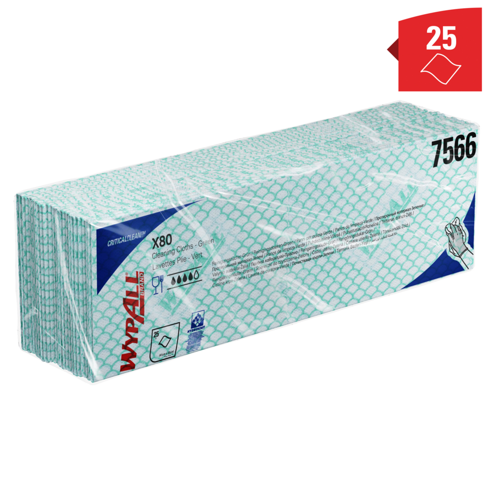 Paños de limpieza con código de color WypAll® X80 Critical Clean™ 7566 - Paños verdes - 10 paquetes x 25 paños de limpieza de alta resistencia (250 en total) - 7566