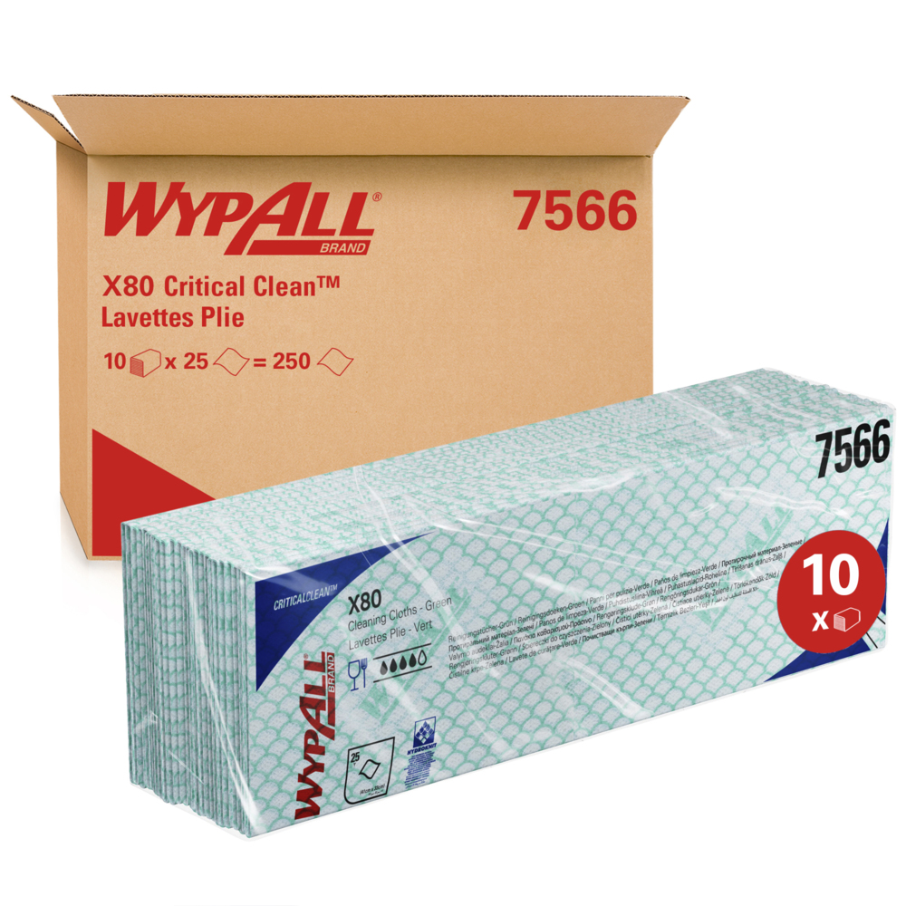 Paños de limpieza con código de color WypAll® X80 Critical Clean™ 7566 - Paños verdes - 10 paquetes x 25 paños de limpieza de alta resistencia (250 en total) - 7566
