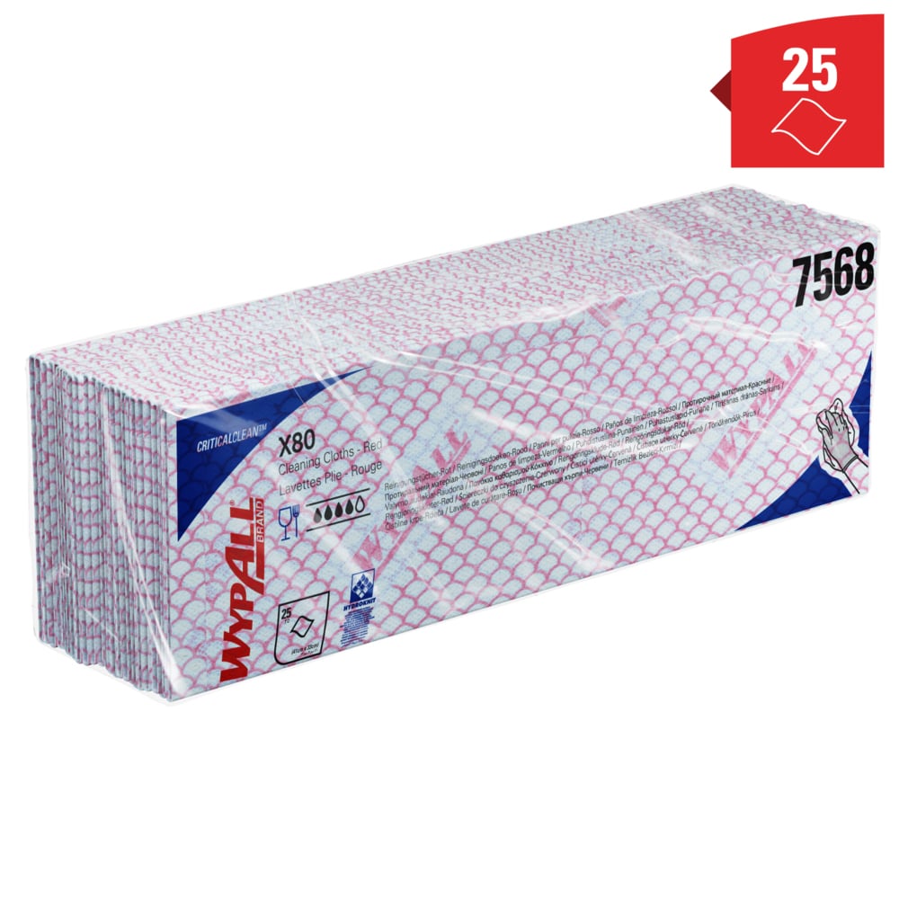 Chiffons de nettoyage à code couleur WypAll® X80 7568 - Chiffons de nettoyage rouges - 10 paquets x 25 chiffons de nettoyage intensif (250 au total) - 7568