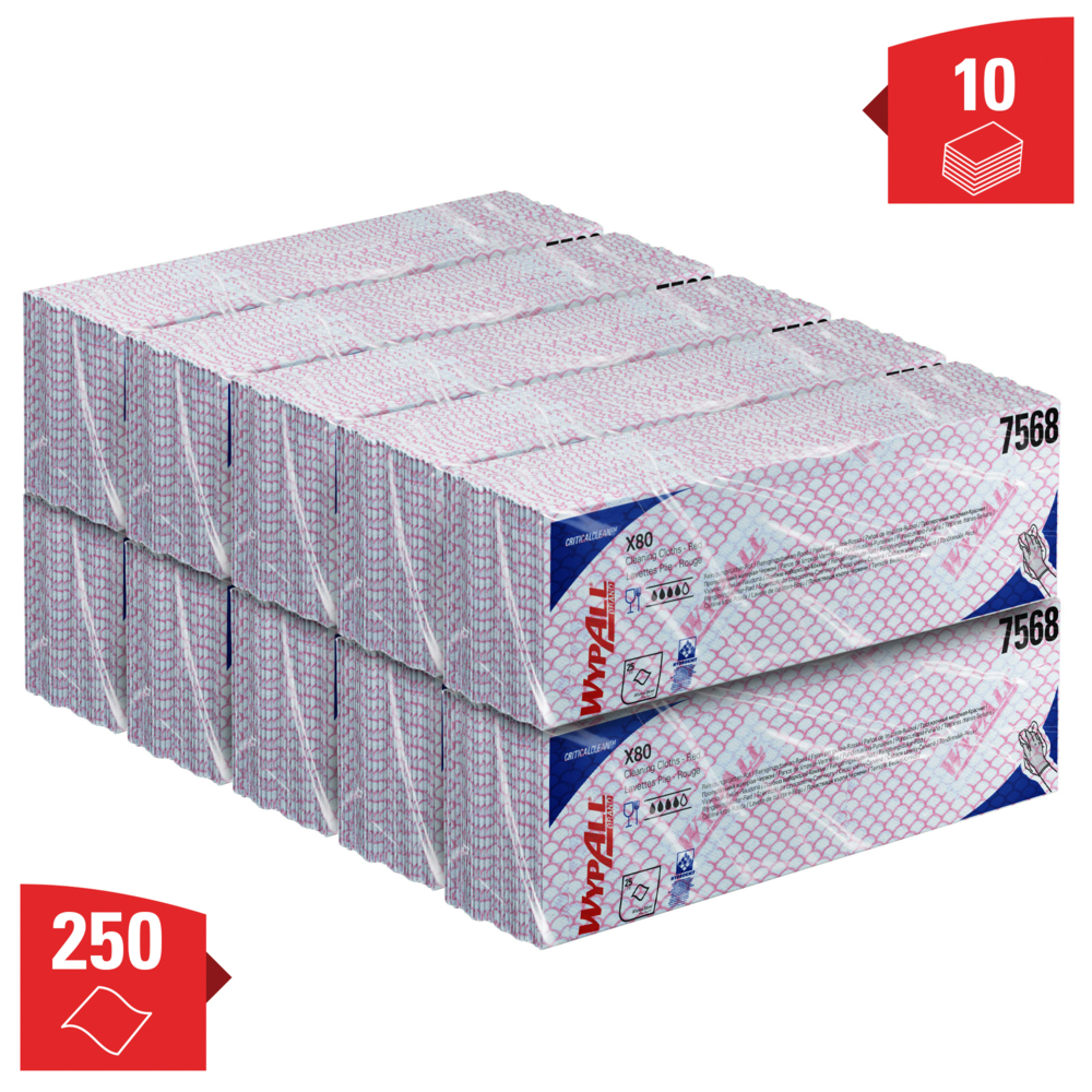 WypAll® X80 sopdoeken met kleurcodering 7568 - rode doeken - 10 verpakkingen x 25 doeken voor zwaar gebruik (250 in totaal) - 7568