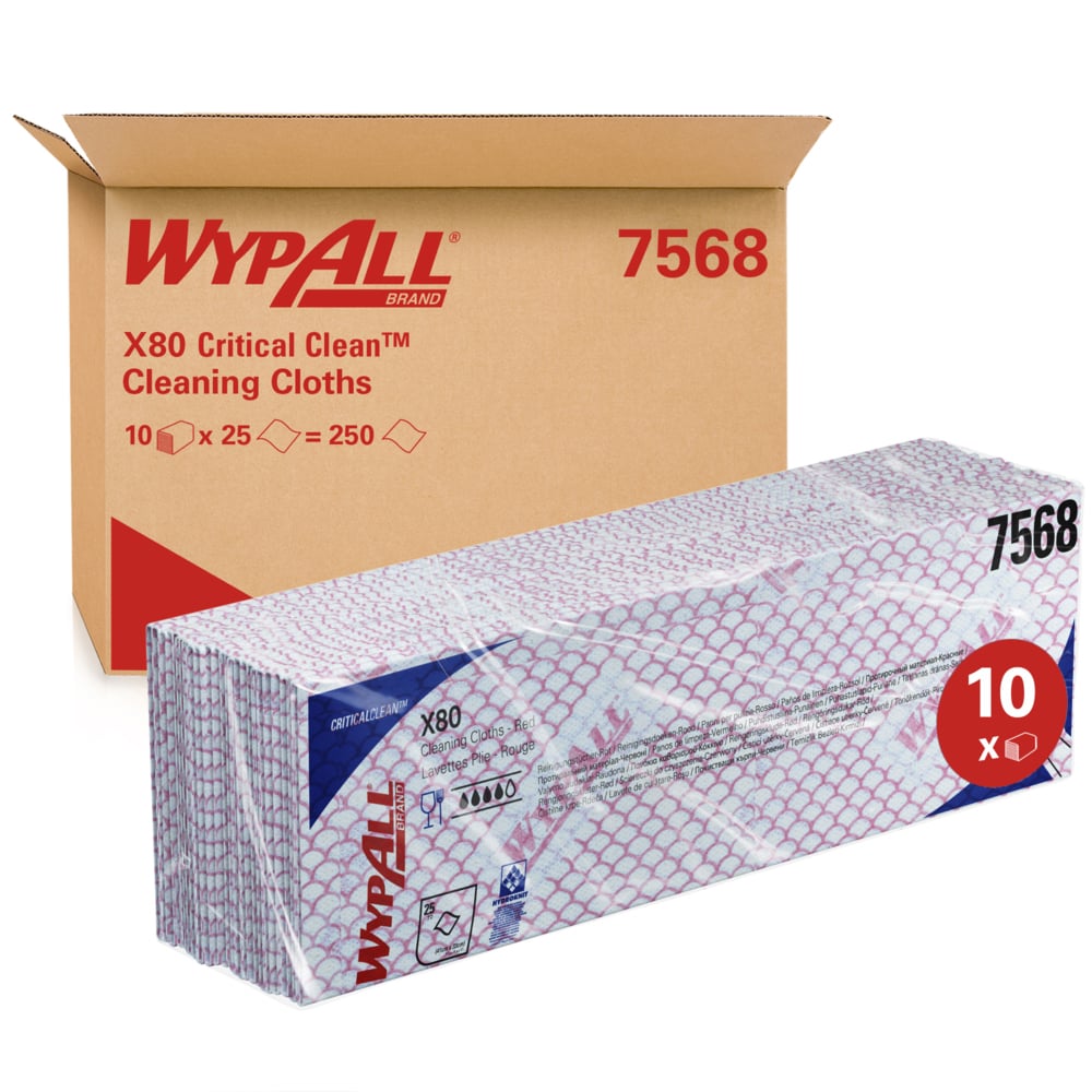 WypAll® X80 Critical Clean™ Colour Coded Cleaning Cloths 7568 - Red Wiping Cloths - 10 Packs x 25 Heavy Duty Cleaning Wipes (250 total) - 7568