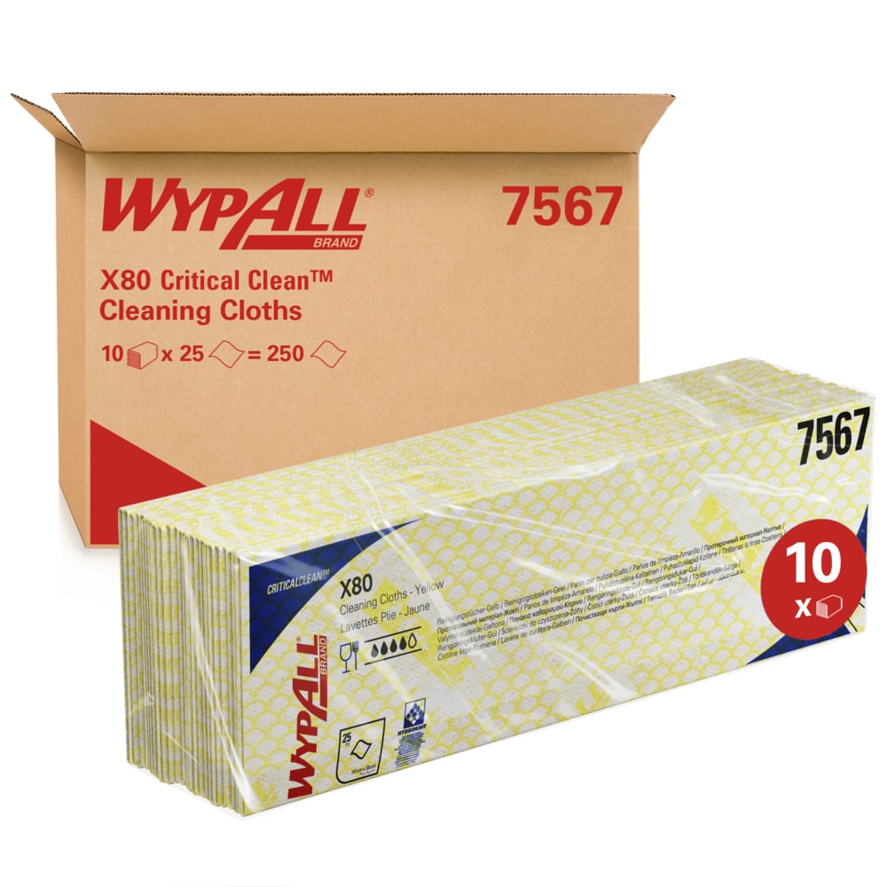 WypAll® X80 Critical Clean™ Colour Coded Cleaning Cloths 7567 - Yellow Wiping Cloths - 10 Packs x 25 Heavy Duty Cleaning Wipes (250 total) - 7567