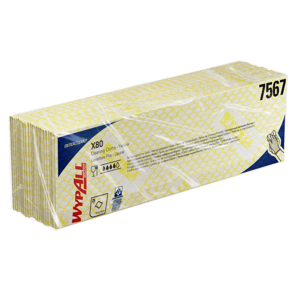 WypAll® X80 Critical Clean™ Colour Coded Cleaning Cloths 7567 - Yellow Wiping Cloths - 10 Packs x 25 Heavy Duty Cleaning Wipes (250 total) - 7567