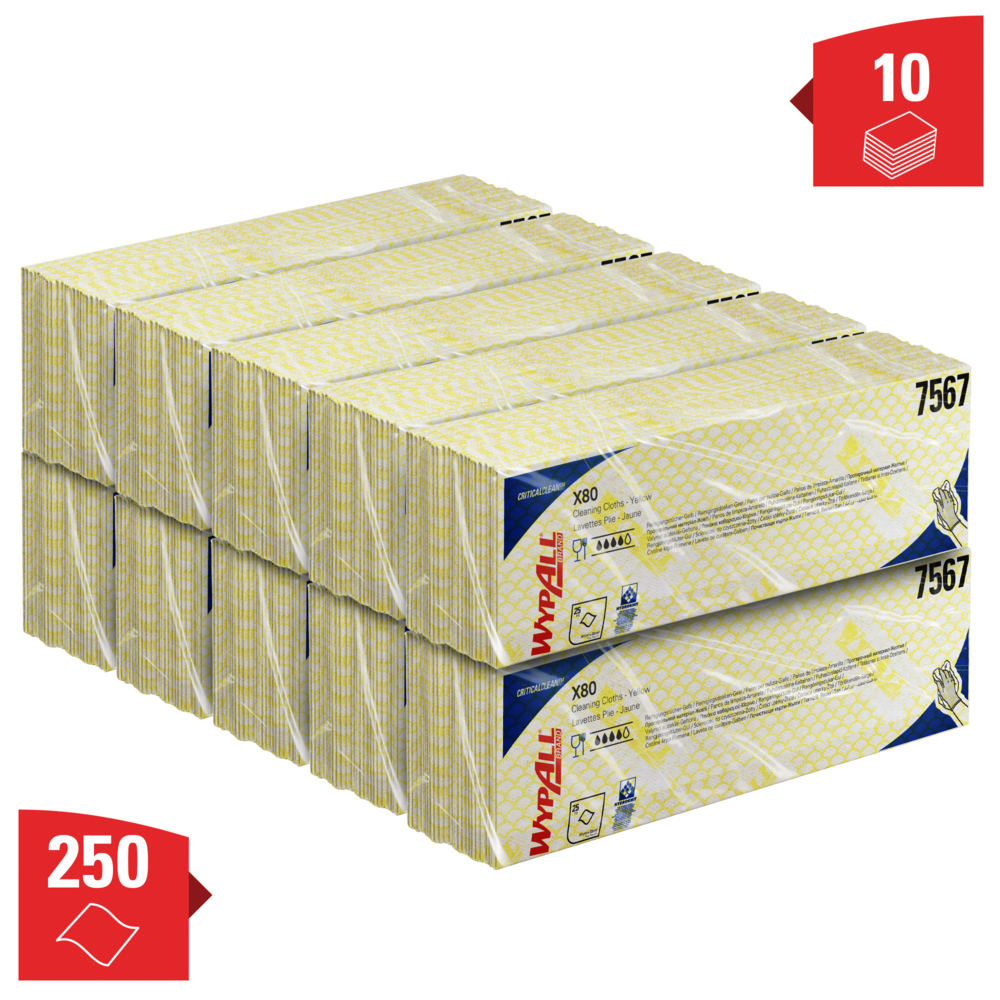 WypAll® X80 Critical Clean™-poetsdoeken met kleurcodes 7567 - gele poetsdoeken - 10 verpakkingen x 25 poetsdoeken voor zwaar gebruik (250 in totaal) - 7567