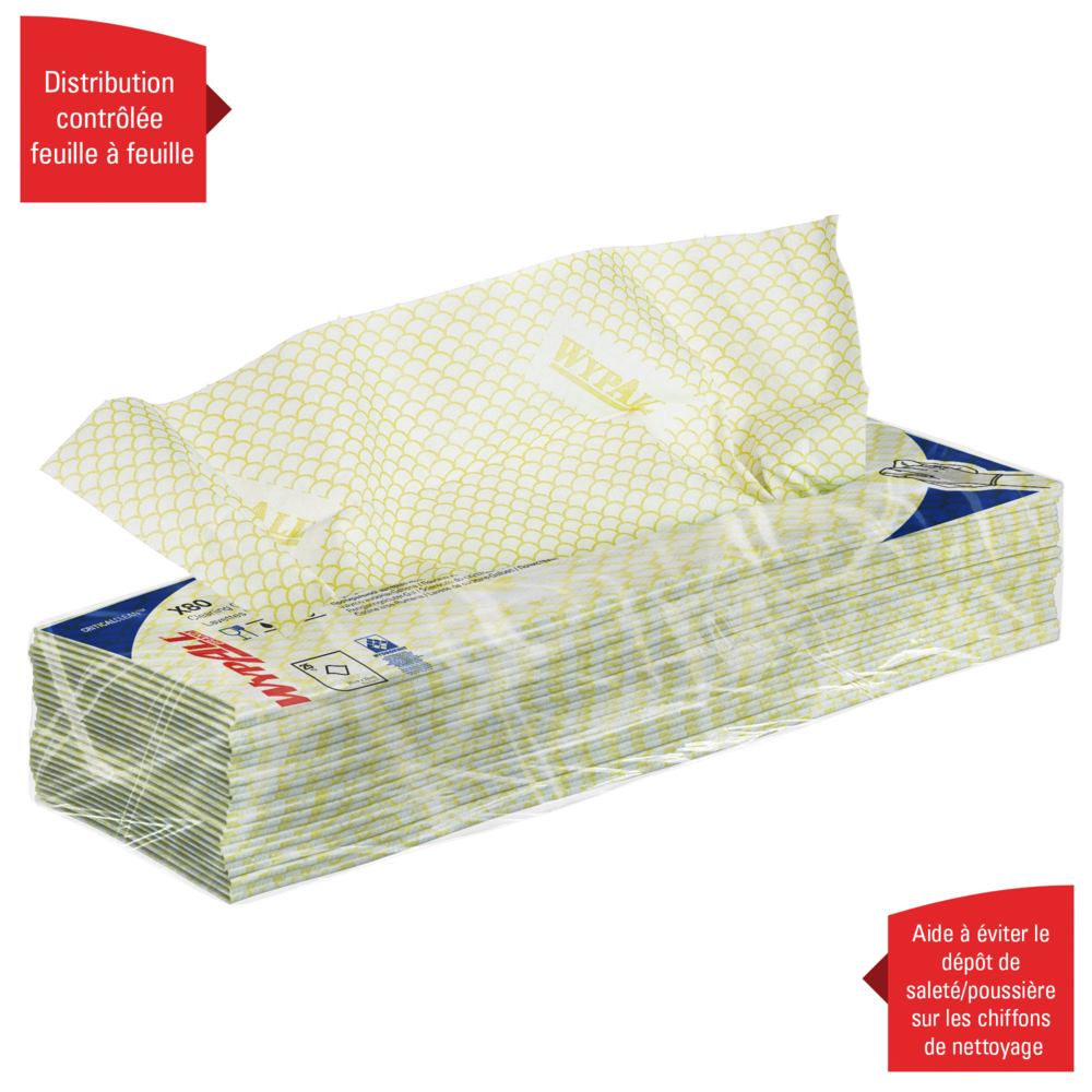 Chiffons de nettoyage à code couleur WypAll® X80 Critical Clean™ 7567 - Chiffons de nettoyage jaunes - 10 paquets x 25 chiffons de nettoyage intensif (250 au total) - 7567