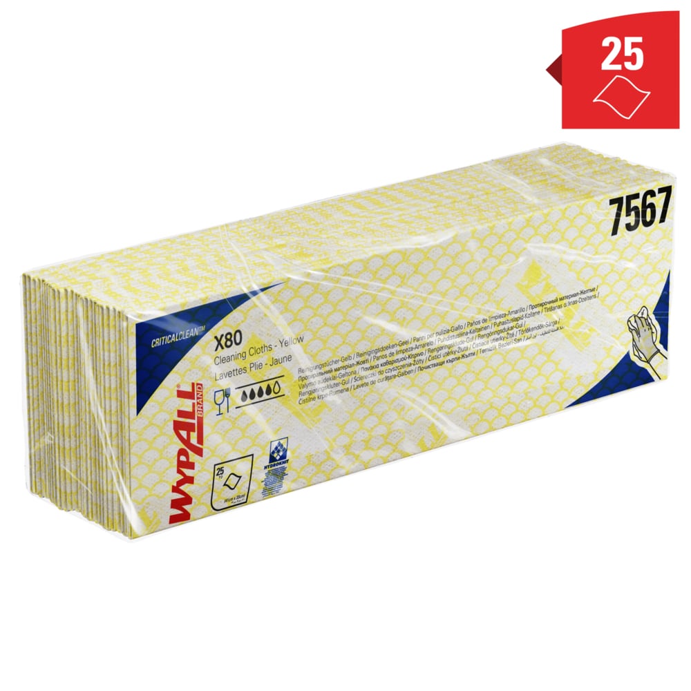 Протирочные материалы WypAll® X80 Critical Clean™ с цветовой кодировкой, код 7567, желтые салфетки, 10 упаковок x 25 протирочных материалов для сложных задач (итого 250 шт.) - 7567
