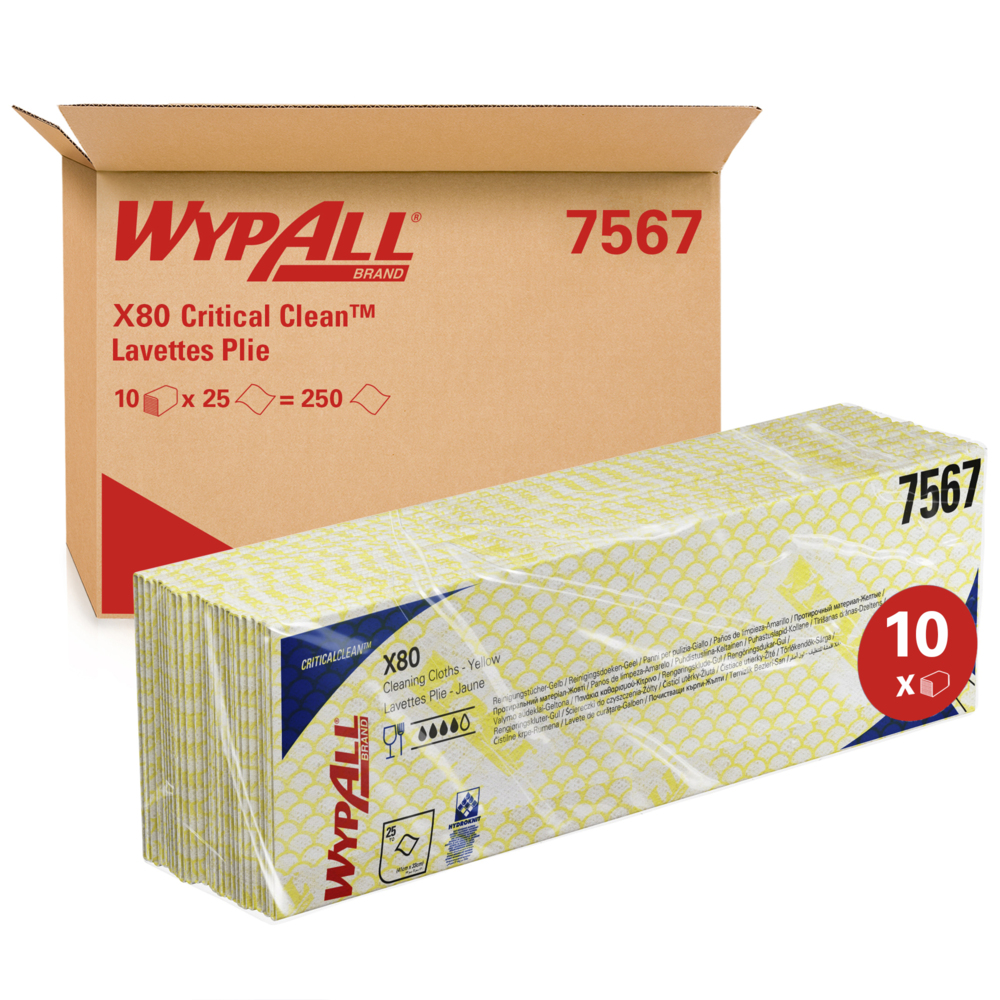 Chiffons de nettoyage à code couleur WypAll® X80 Critical Clean™ 7567 - Chiffons de nettoyage jaunes - 10 paquets x 25 chiffons de nettoyage intensif (250 au total) - 7567