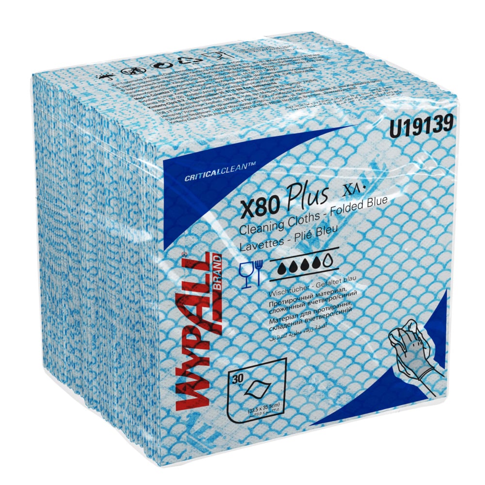 WypAll® X80 Plus Critical Clean™ Cloths 19139 - Blue Colour Coded Cleaning Cloths - 8 Packs x 30 Quarter Fold Blue Cloths (240 Reusable Wipes) - 19139