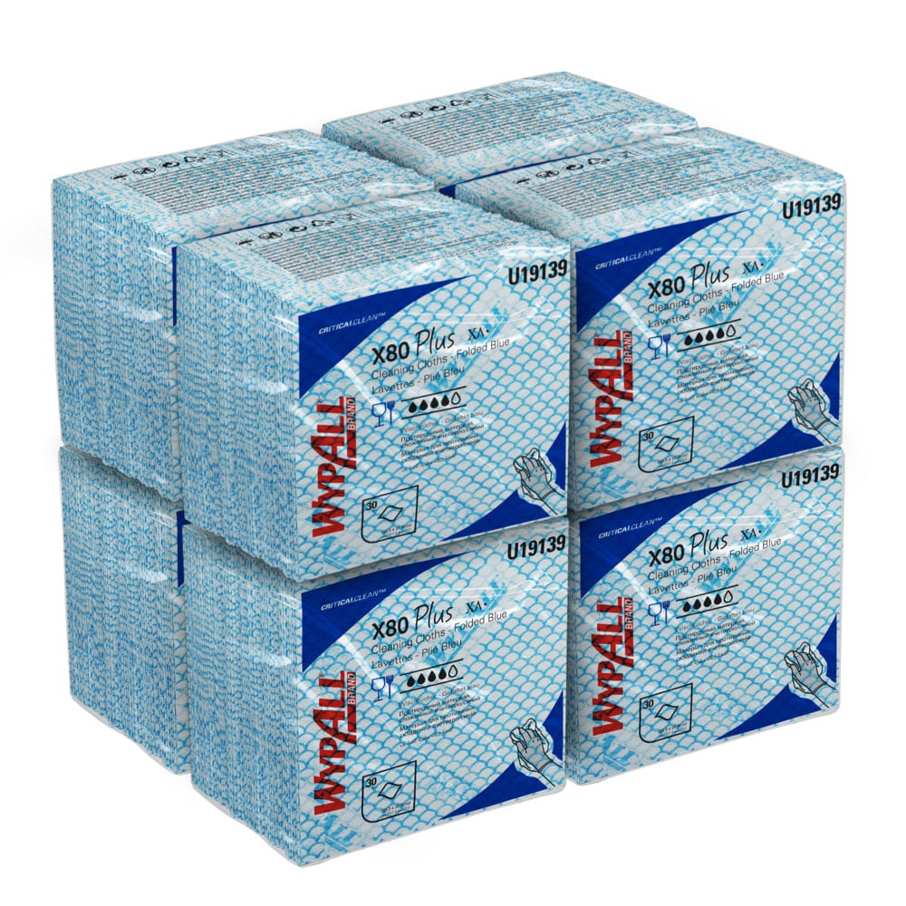 Протирочные материалы WypAll® X80 Plus Critical Clean™, код 19139, протирочные материалы с цветовой кодировкой синего цвета, 8 упаковок x 30 сложенных вчетверо синих протирочных материалов (240 многоразовых протирочных материалов) - 19139