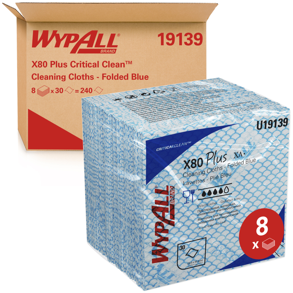 WypAll® X80 Plus Critical Clean™ Cloths 19139 - Blue Colour Coded Cleaning Cloths - 8 Packs x 30 Quarter Fold Blue Cloths (240 Reusable Wipes)
