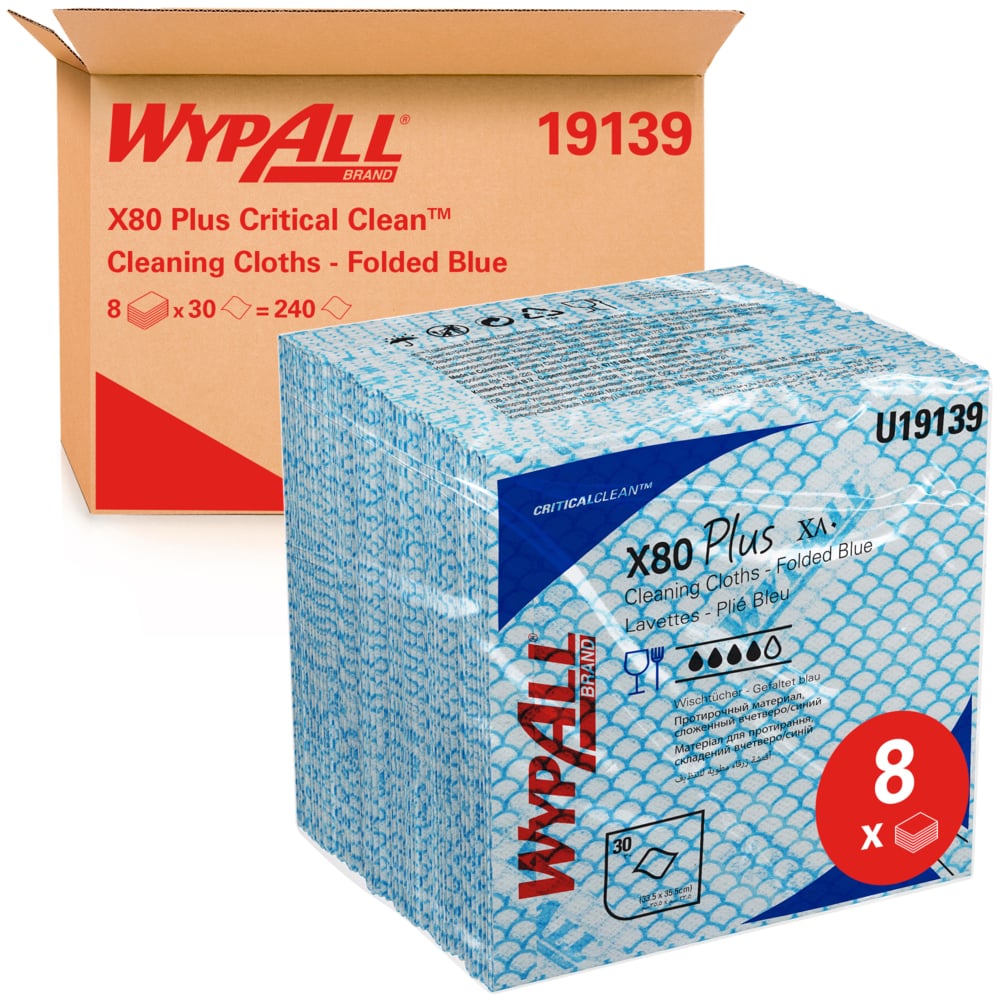 Протирочные материалы WypAll® X80 Plus Critical Clean™, код 19139, протирочные материалы с цветовой кодировкой синего цвета, 8 упаковок x 30 сложенных вчетверо синих протирочных материалов (240 многоразовых протирочных материалов) - 19139