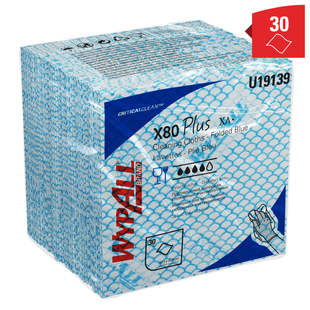 WypAll® X80 Plus Critical Clean™-poetsdoeken 19139 - blauwe poetsdoeken - 8 verpakkingen x 30 kwartgevouwen blauwe poetsdoeken (240 herbruikbare poetsdoeken) - 19139