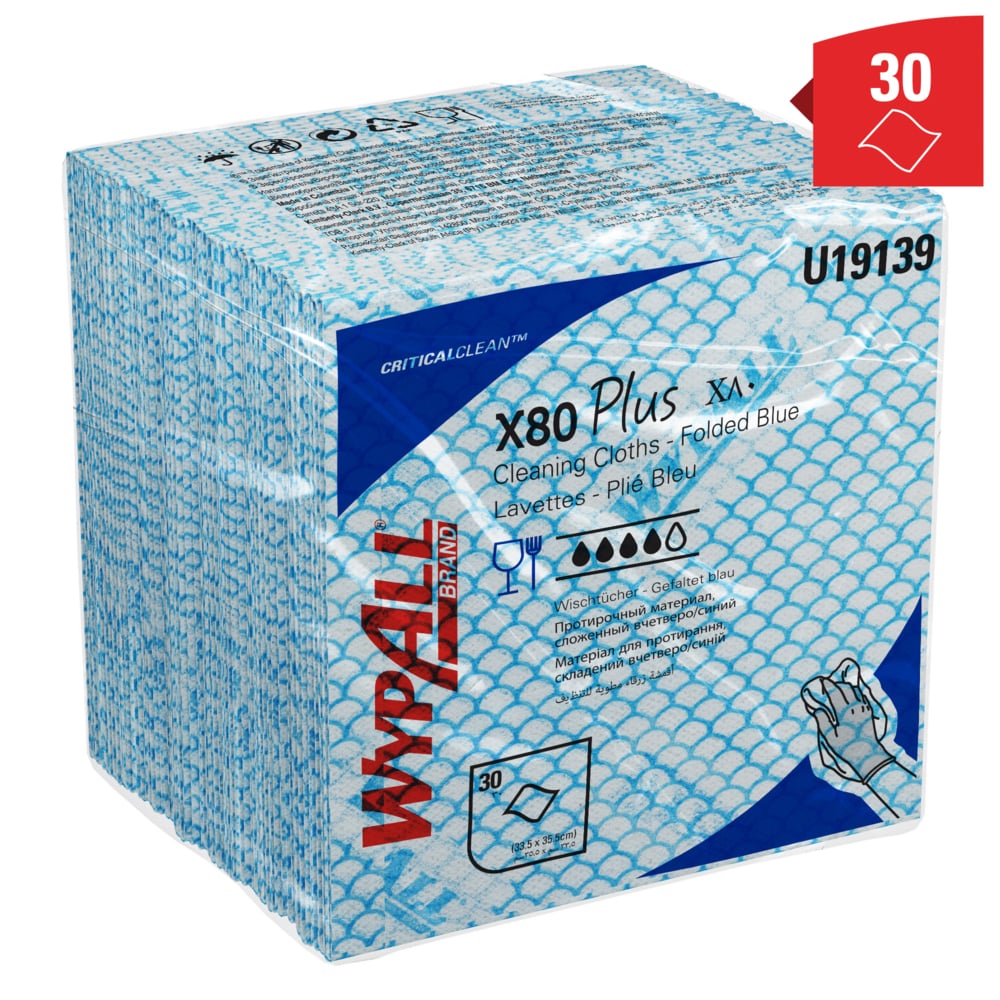 Chiffons WypAll® X80 Plus Critical Clean™ 19139 – Chiffons de nettoyage à code couleur bleu – 8 paquets de 30 chiffons bleus pliés en quatre (240 lingettes réutilisables) - 19139