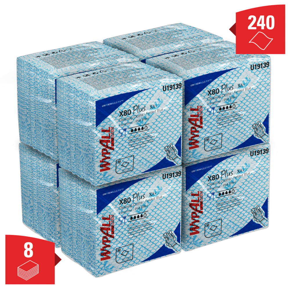 Chiffons WypAll® X80 Plus Critical Clean™ 19139 – Chiffons de nettoyage à code couleur bleu – 8 paquets de 30 chiffons bleus pliés en quatre (240 lingettes réutilisables) - 19139