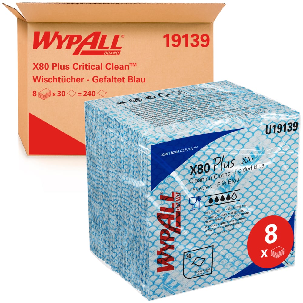 WypAll® X80 Plus Critical Clean™-poetsdoeken 19139 - blauwe poetsdoeken - 8 verpakkingen x 30 kwartgevouwen blauwe poetsdoeken (240 herbruikbare poetsdoeken) - 19139