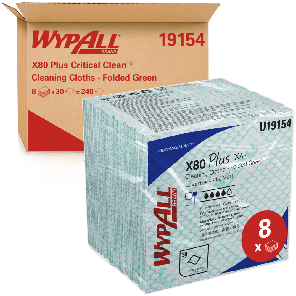 Протирочные материалы WypAll® X80 Plus Critical Clean™, код 19154, протирочные материалы с цветовой кодировкой зеленого цвета, 8 упаковок x 30 сложенных вчетверо зеленых протирочных материалов (240 многоразовых протирочных материалов) - 19154