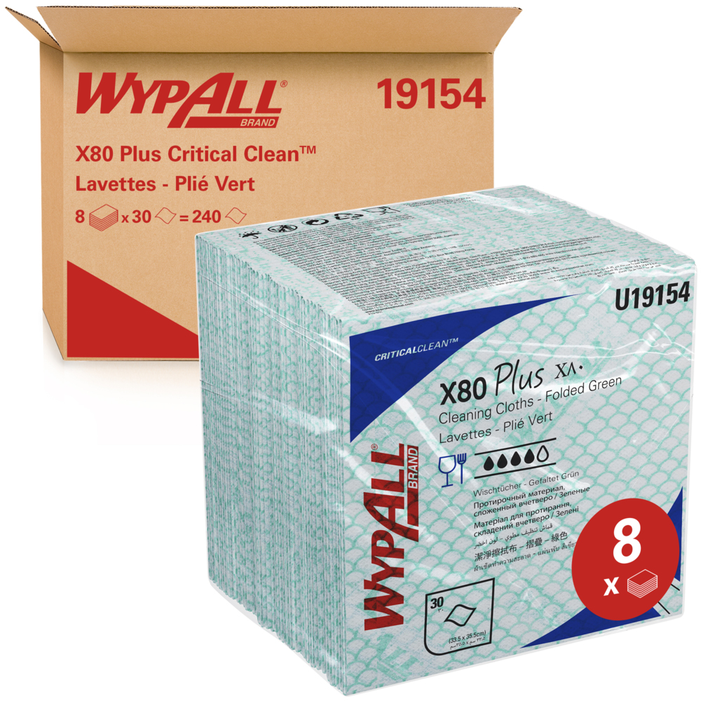 Chiffons WypAll® X80 Plus Critical Clean™ 19154 – Chiffons de nettoyage à code couleur vert – 8 paquets de 30 chiffons verts pliés en quatre (240 lingettes réutilisables) - 19154